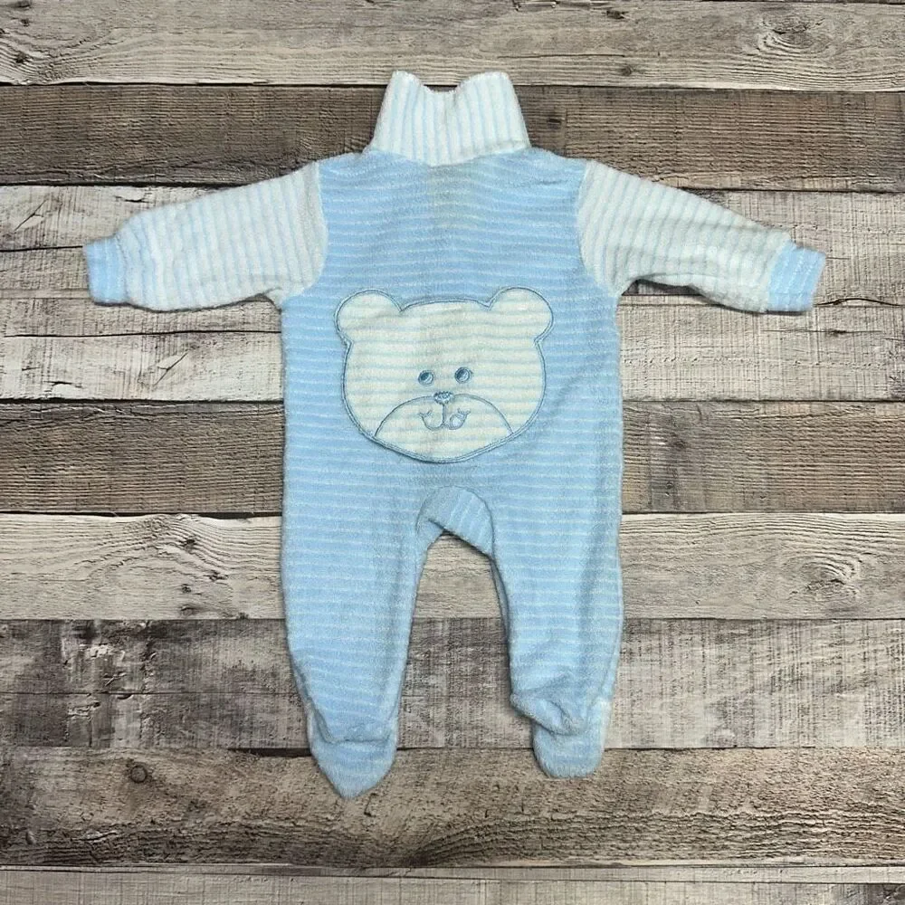 Vintage Carter’s Newborn Baby Boy Striped Blue Teddy Bear One Piece Outfit